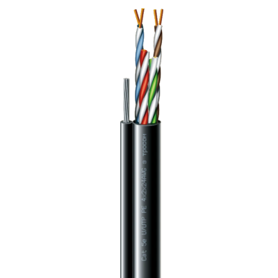 Кабель кручена пара ЗЗКМ (UTP мідь вуличний з тросом) Cat. 5e U/UTP РЕ steel cord 4x2x24 AWG (k) трос (70910181) бухта 500м.
