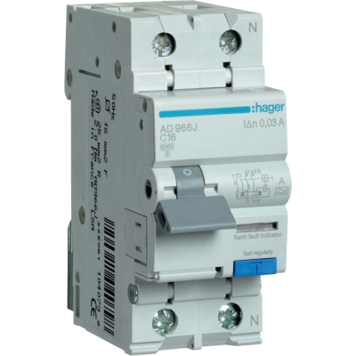 Дифавтомат Hager 1+N С16/30mA 6кА, тип-A AD966J