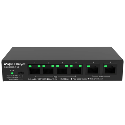 Коммутатор 6 портов неуправляемый Ruijie Reyee RG-ES106D-P V2 PoE