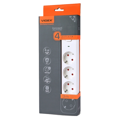 Сетевой удлинитель с кнопкой White VIDEX ONCORD з/з 4п 3м (3x1.5мм)