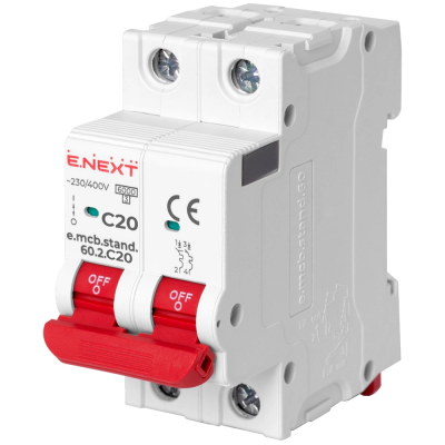 Модульный автоматический выключатель Enext e.mcb.stand.60.2.C20, 2р, 20А, C, 6кА
