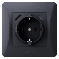 Розетка одинарная с заземлением с USB+USB-C черный графит VIDEX BINERA