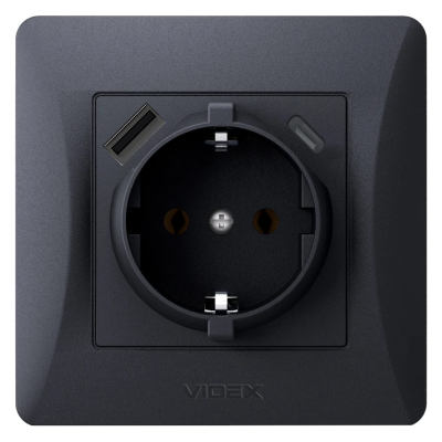 Розетка одинарная с заземлением с USB+USB-C черный графит VIDEX BINERA