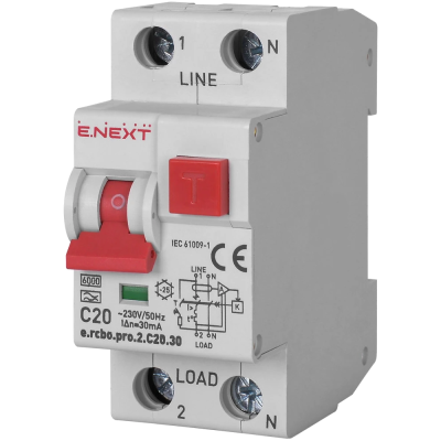 Выключатель дифференциального тока с защитой от сверхтоков Enext e.rcbo.pro.2.C20.30, 1P+N, 20А, С, тип А, 30