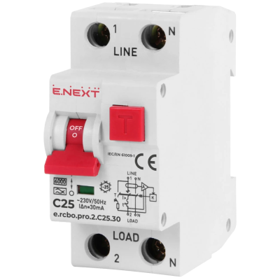 Выключатель дифференциального тока с защитой от сверхтоков Enext e.rcbo.pro.2.C25.30, 1P+N, 25А, С, тип А, 30
