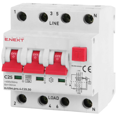 Выключатель дифференциального тока с защитой от сверхтоков Enext e.rcbo.pro.4.C25.30, 3P+N, 25А, С, тип А, 30